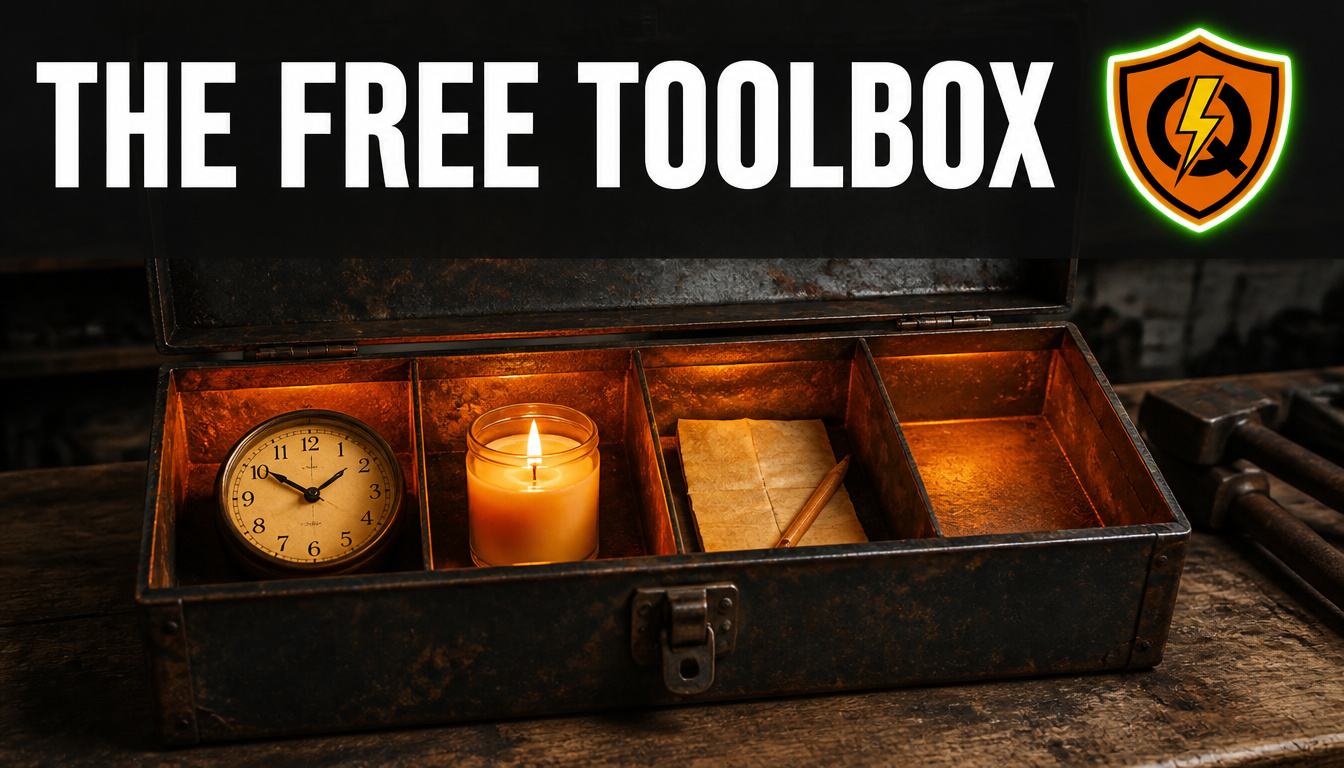 The QuickWorkForm Free Toolbox: an open toolbox with glowing compartments for four free calculators.